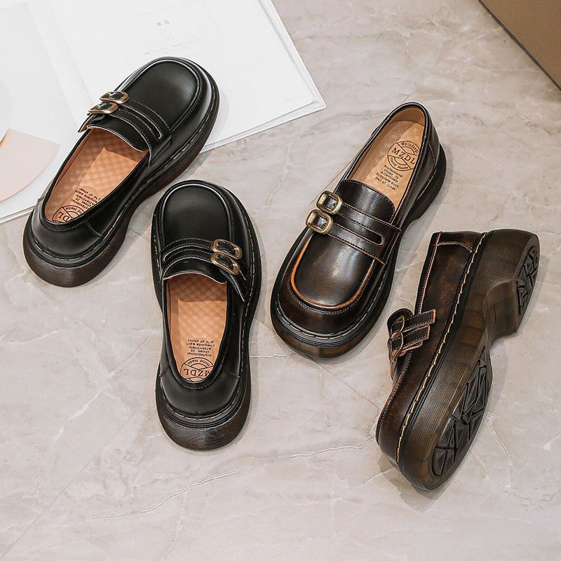 Retro Round Head Metal Buckle Leather Flat JK Loafers