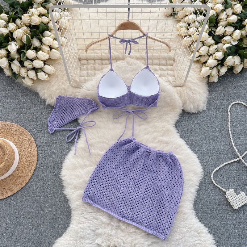 Cute Knitted Short Skirt Swimwear 3pcs for women