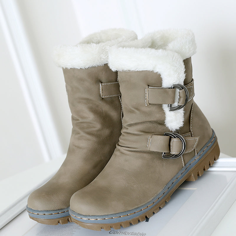 Snow Boots Flats Fur Warm Winter Buckle Slip on Shoes