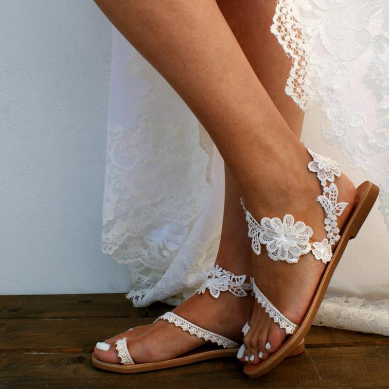 Bride Floral Strappy Flat White Wedding Sandals