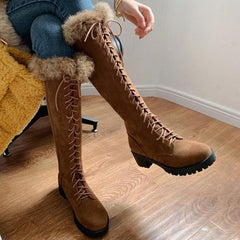 Knee High Faux Fur Winter Lace Up Boots