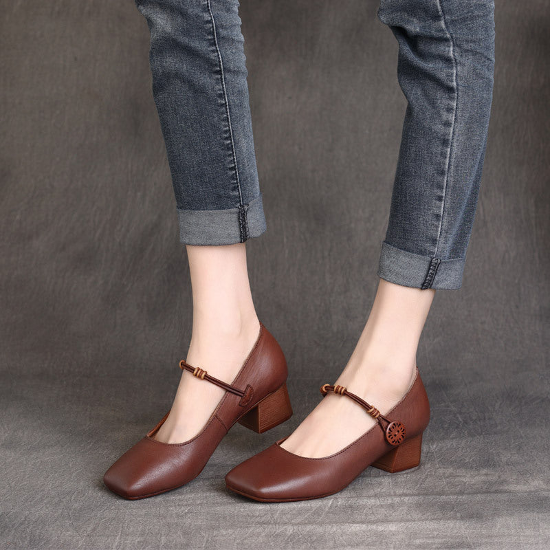 Square Toe Cowhide Leather Chunky Heeled Pumps