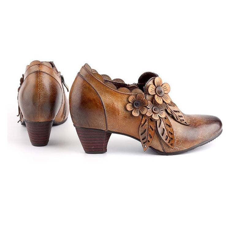 Genuine Leather Heeled Boots Boho Vintage Shoes