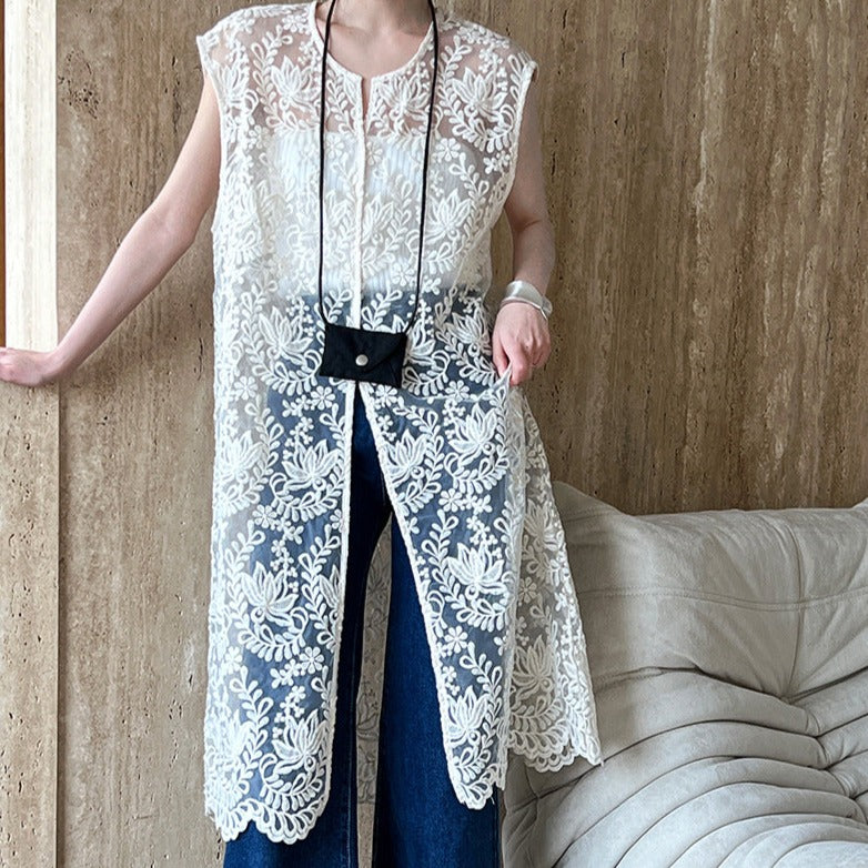 Embroidered Jacquard Cutout Mid-length Sleeveless Dress