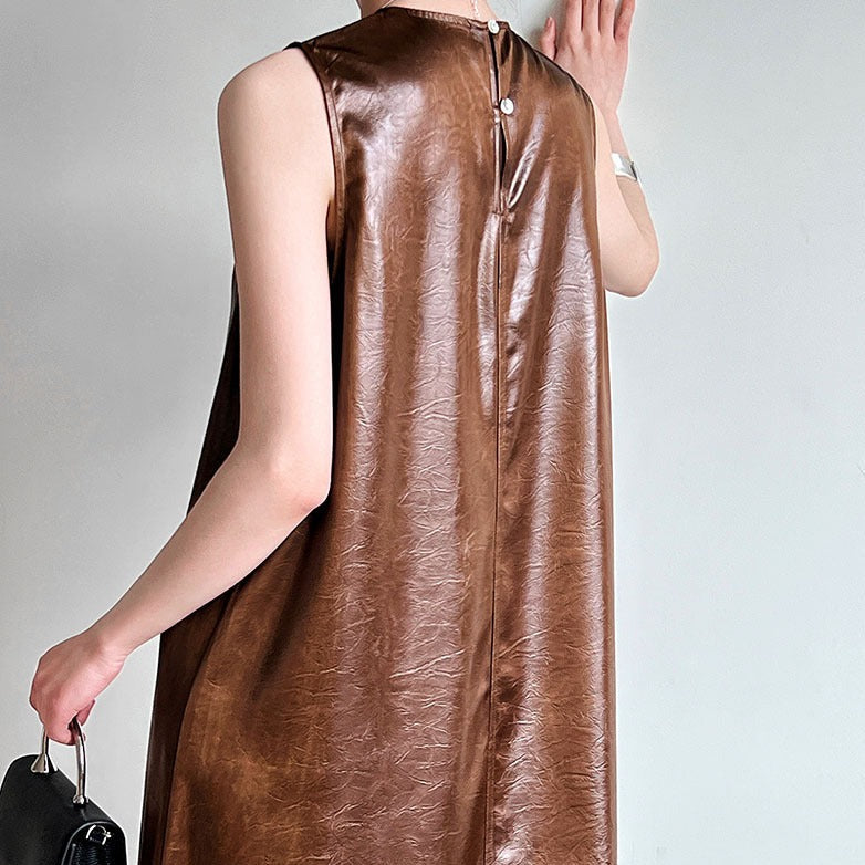 Drape A-line Sleeveless PU Long Dress