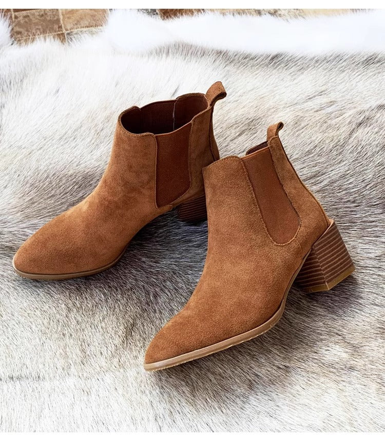 Women's Chelsea Block Heels Suede Leather Ankle Boots