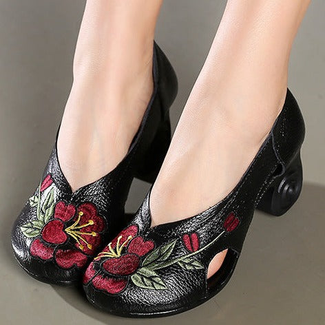 Handmade Embroidery High Heel Shoes Hollow out Leather Shoes