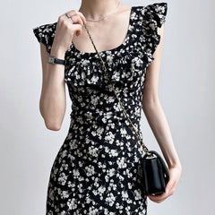 Vestido floral con volantes y cuello cuadrado, estilo Hepburn