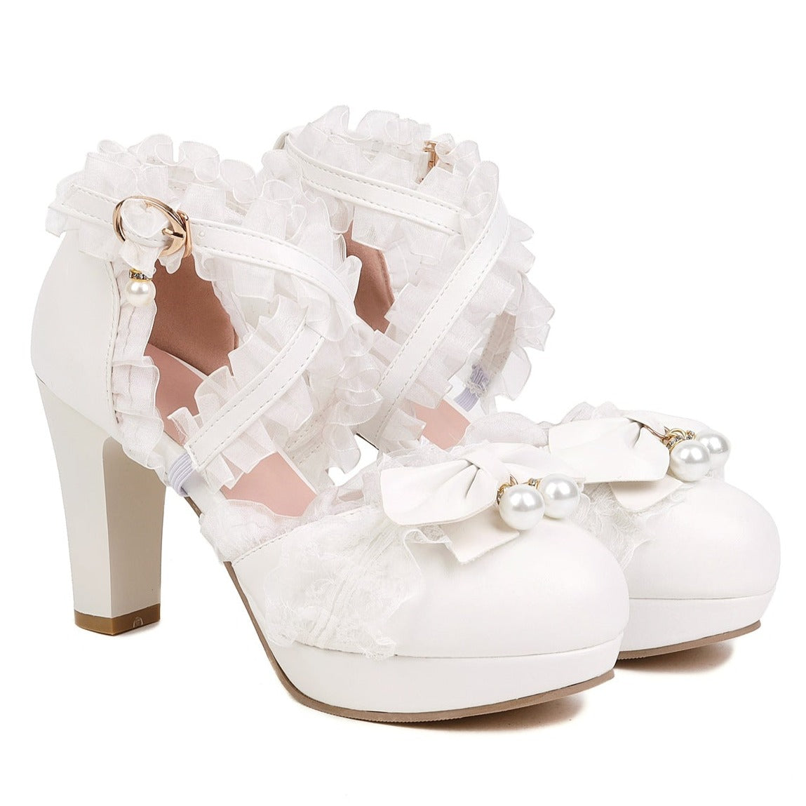 Zapatos Lolita con lazos, volantes, perlas y punta redonda de piel sintética.