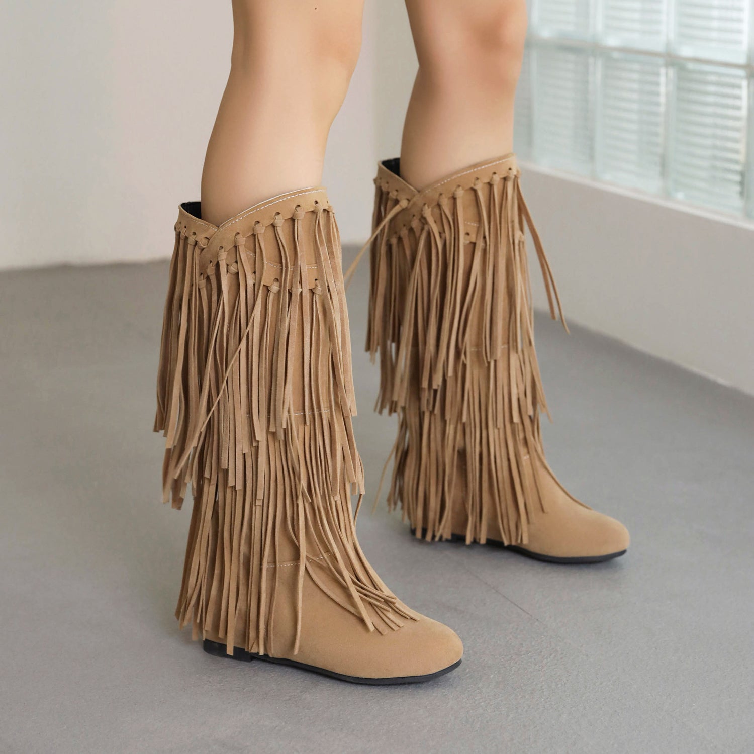 Women's Suede Fringe Boots Inside Booster Mid Length Boots