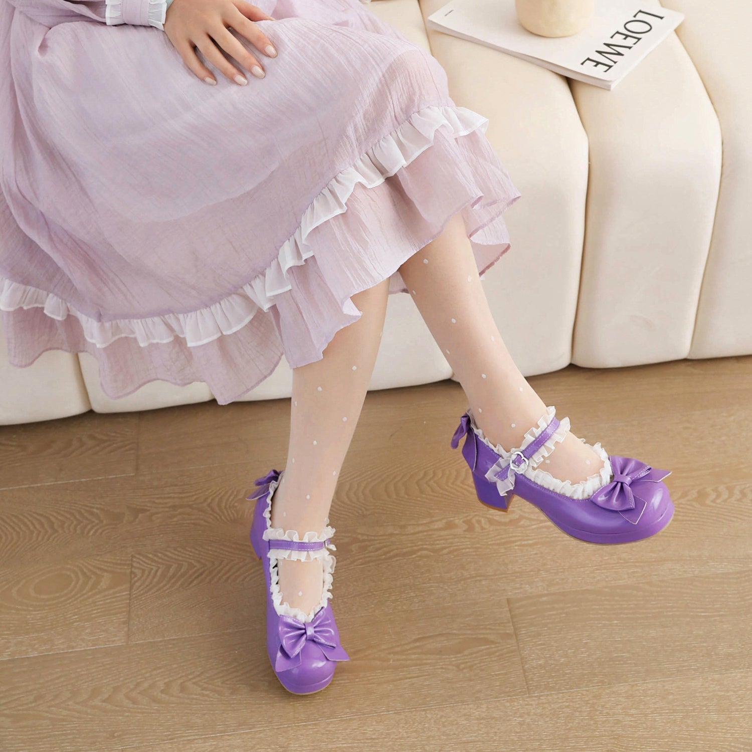 Sweet Lolita Shoes Pink Bows Chunky Heel Pumps