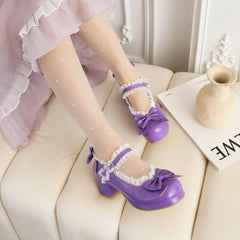 Sweet Lolita Shoes Pink Bows Chunky Heel Pumps