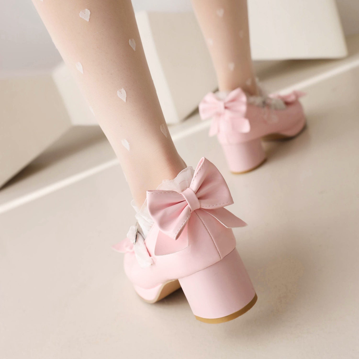 Sweet Lolita Shoes Pink Bows Chunky Heel Pumps