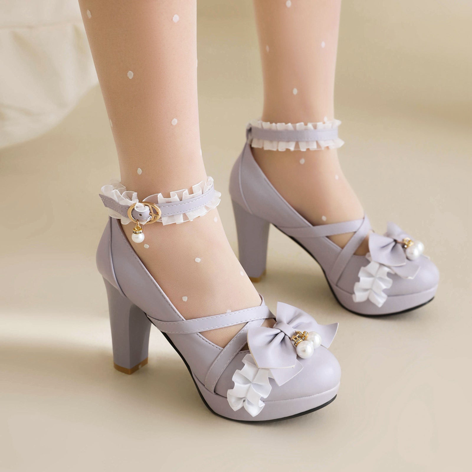 Women's Platform Bow Lace Trim Mary Jane High Heels