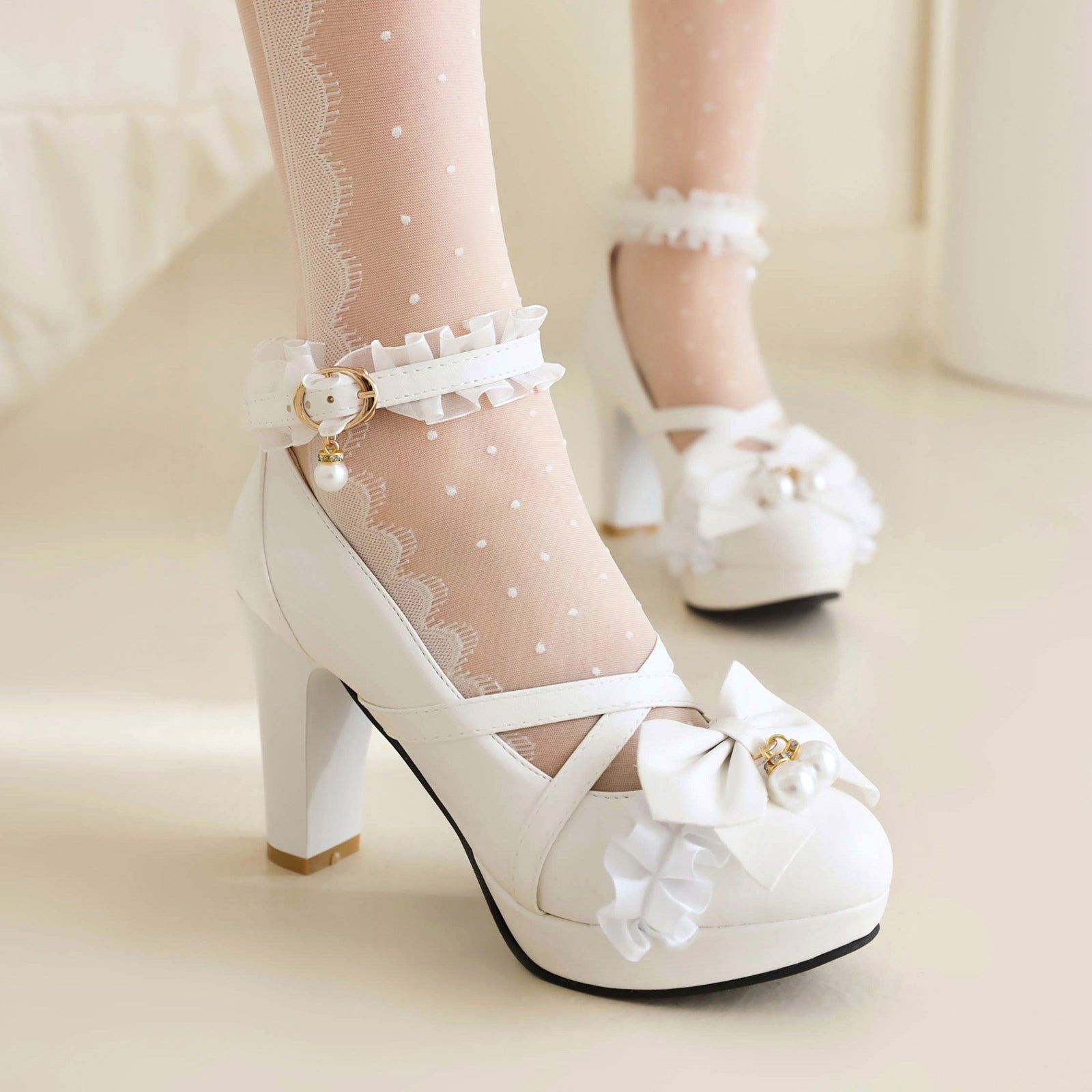 Women's Platform Bow Lace Trim Mary Jane High Heels