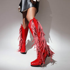 Zipper Pattern Fringe Western Cowboy Boots