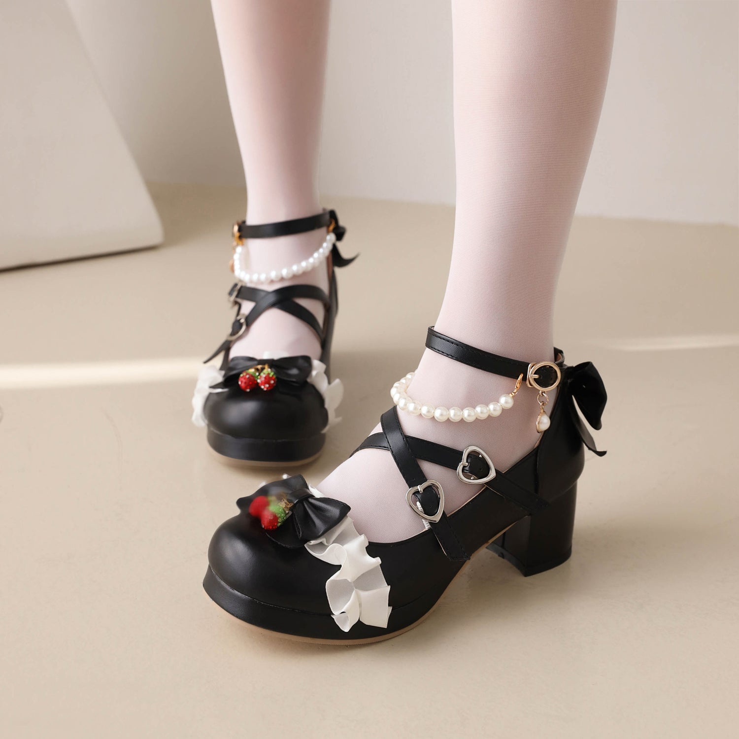 Cute Pearl Bow Lace Lolita Japanese Mary Jane Shoes