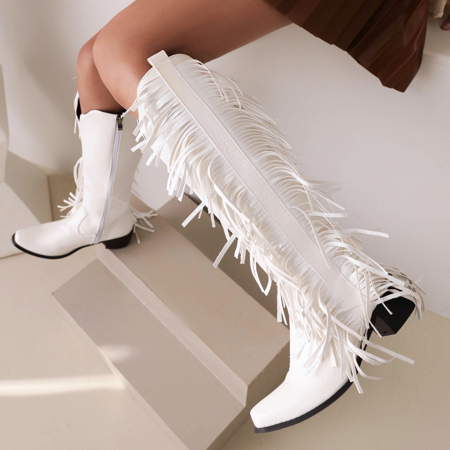 Zipper Pattern Fringe Western Cowboy Boots