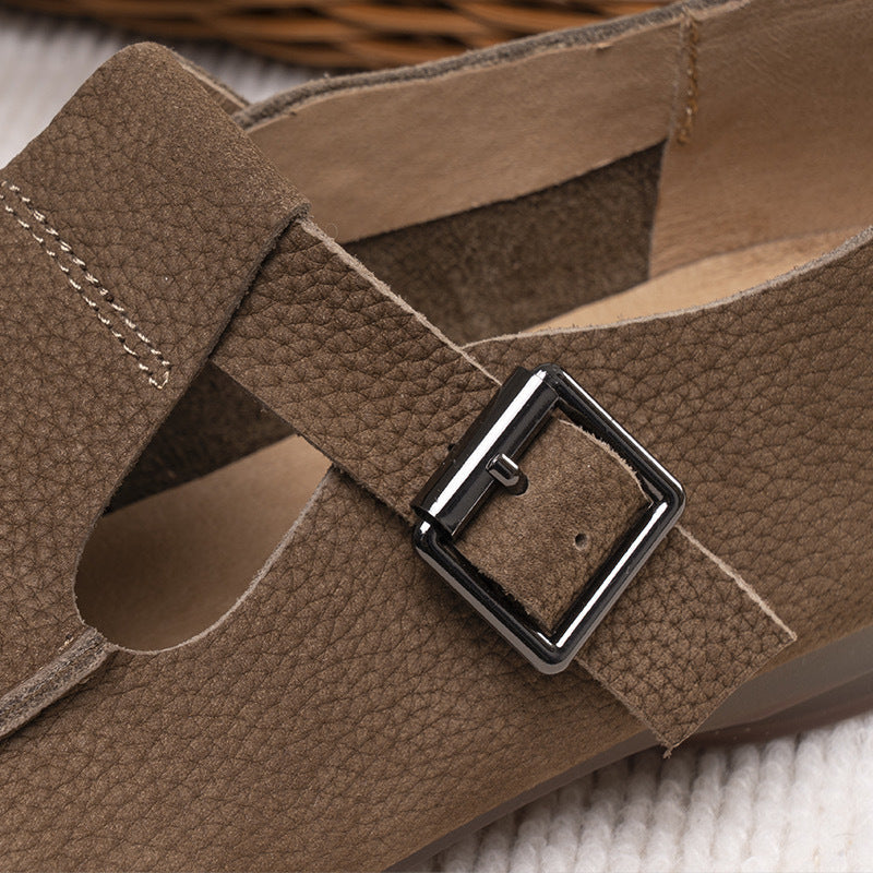 Handmade Soft Leather Mary Jane Shoes Buckle Decor Flat Loafers