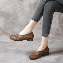 Chunky Heel Soft Cowhide Woven Leather Shoes Women