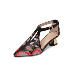 Women's T-strap Retro Pointed Toe Genuine Leather Embroidery Sandal Pumps