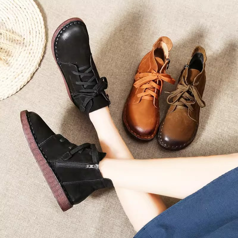 Handmade Retro Leather Ankle Boots Autumn Zip Flat Shoes