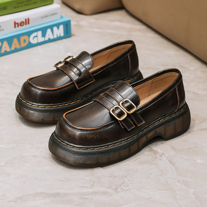 Retro Round Head Metal Buckle Leather Flat JK Loafers