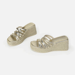 Metallic Gold Crossover Strap Espadrille Wedge Sandals Platform Slippers