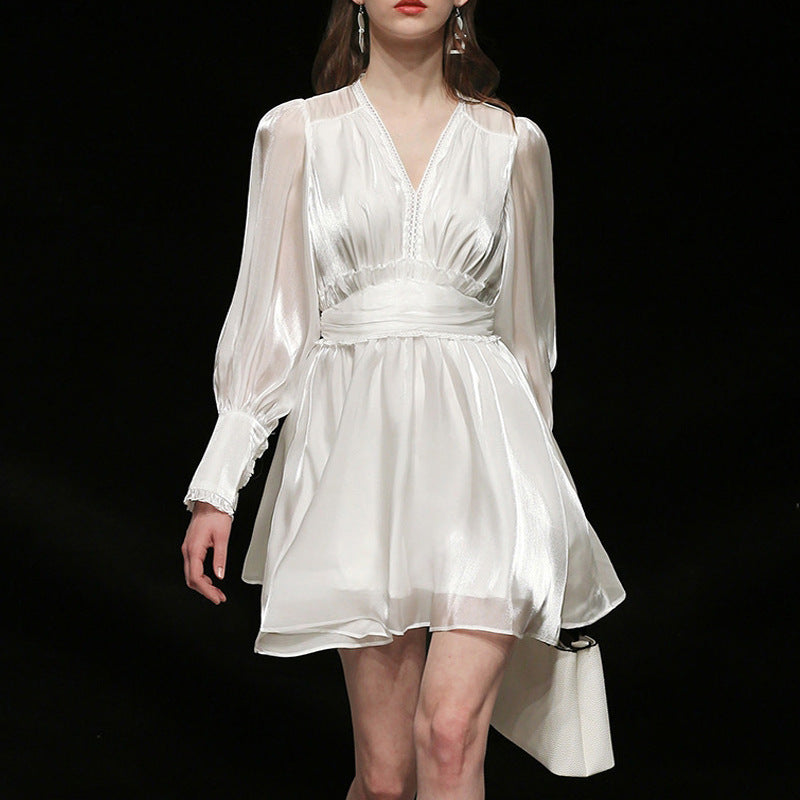 White V-neck Lantern Sleeve High Waist A-line Dress