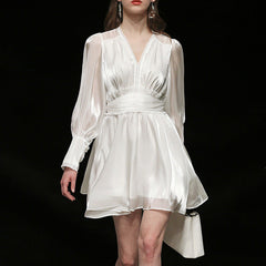 White V-neck Lantern Sleeve High Waist A-line Dress