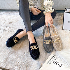 Metal Chain Winter Warm & Comfortable Plush Fur Loafers Shoes