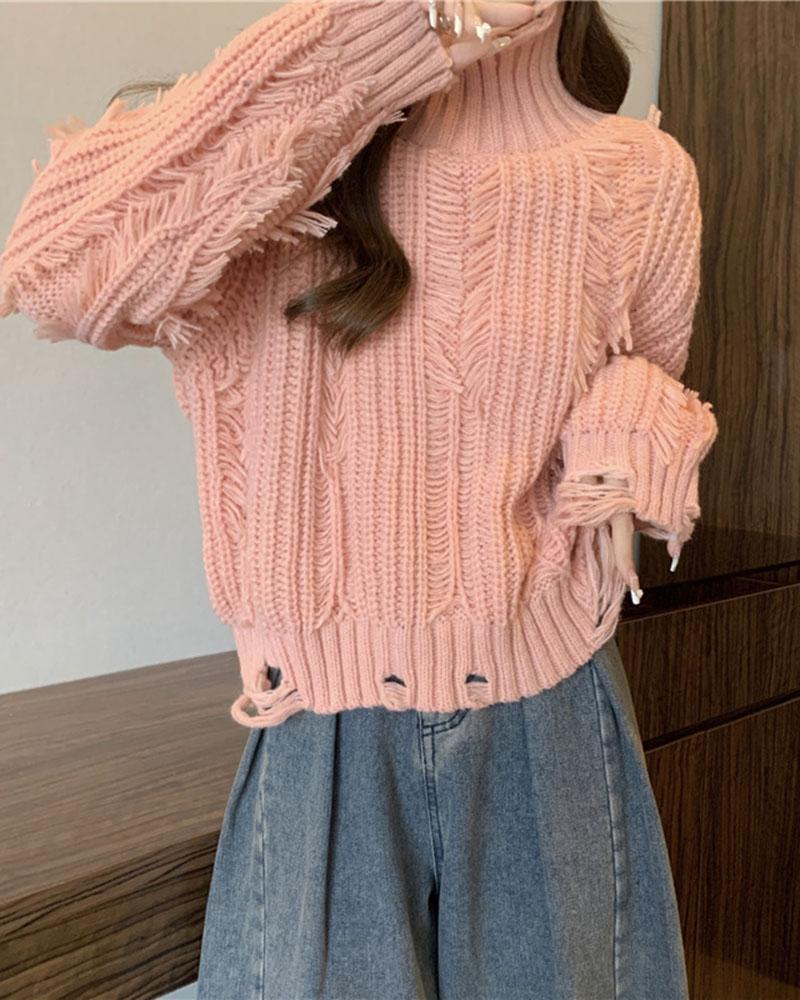 Tassel Pierced High Neck Pullover Sweater