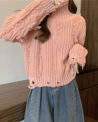 Tassel Pierced High Neck Pullover Sweater
