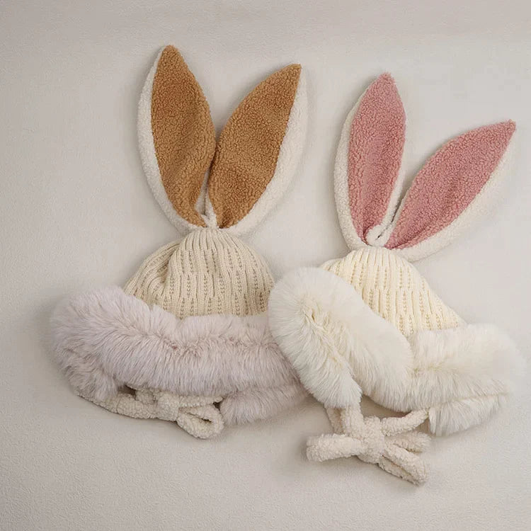 Winter Plush Knitted Beanie Hat Rabbit Ear Hats for Girls