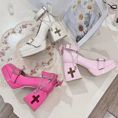 Dark Lolita Hollow Out Cross Shaped High Heels Devil Wings