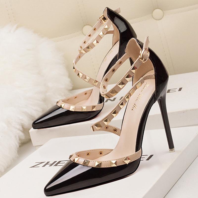 Pointed Toe Strappy Studded Heels