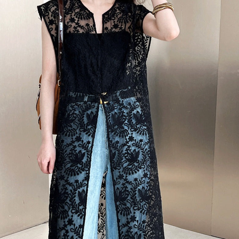 Embroidered Jacquard Cutout Mid-length Sleeveless Dress