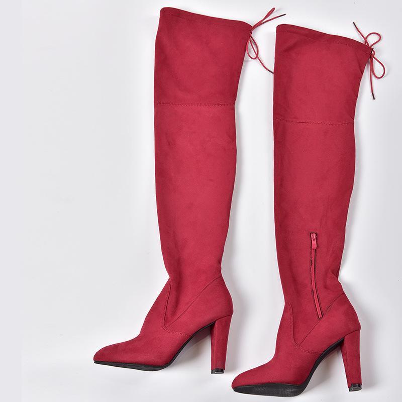 Elastic Zipper Pointed Toe Chunky Suede Over The Knee Boots