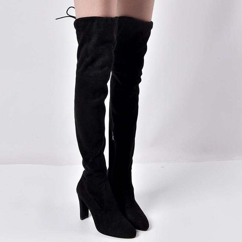 Elastic Zipper Pointed Toe Chunky Suede Over The Knee Boots