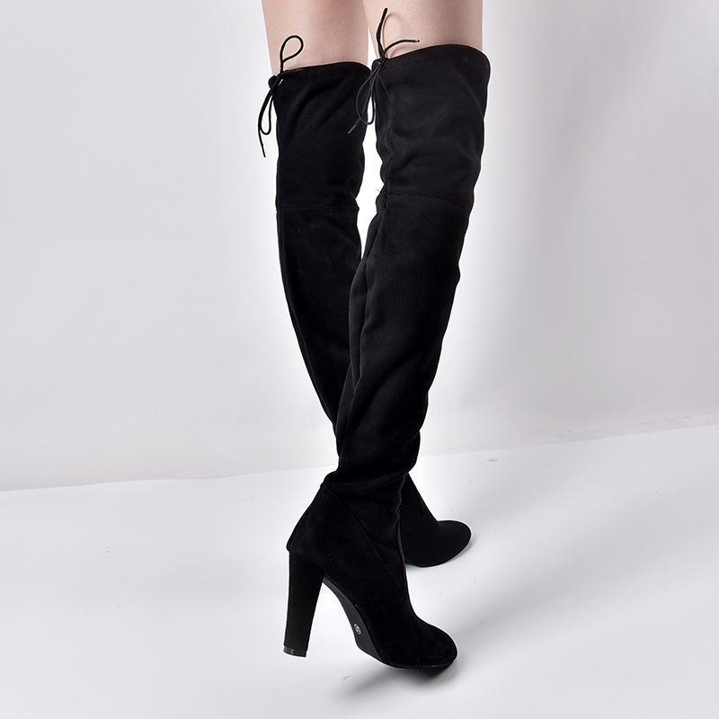 Elastic Zipper Pointed Toe Chunky Suede Over The Knee Boots