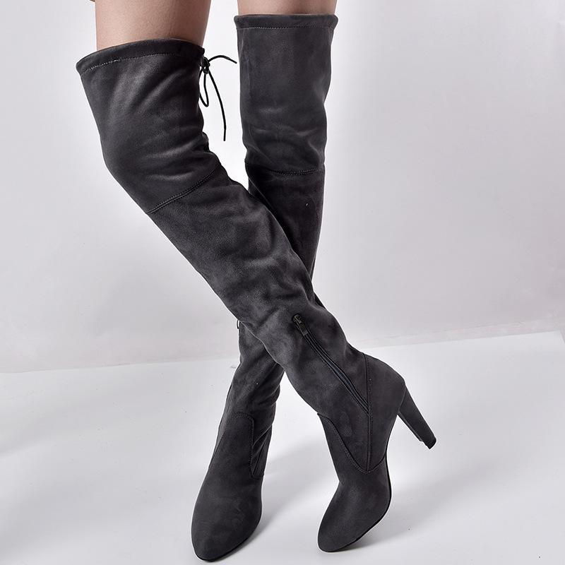 Elastic Zipper Pointed Toe Chunky Suede Over The Knee Boots