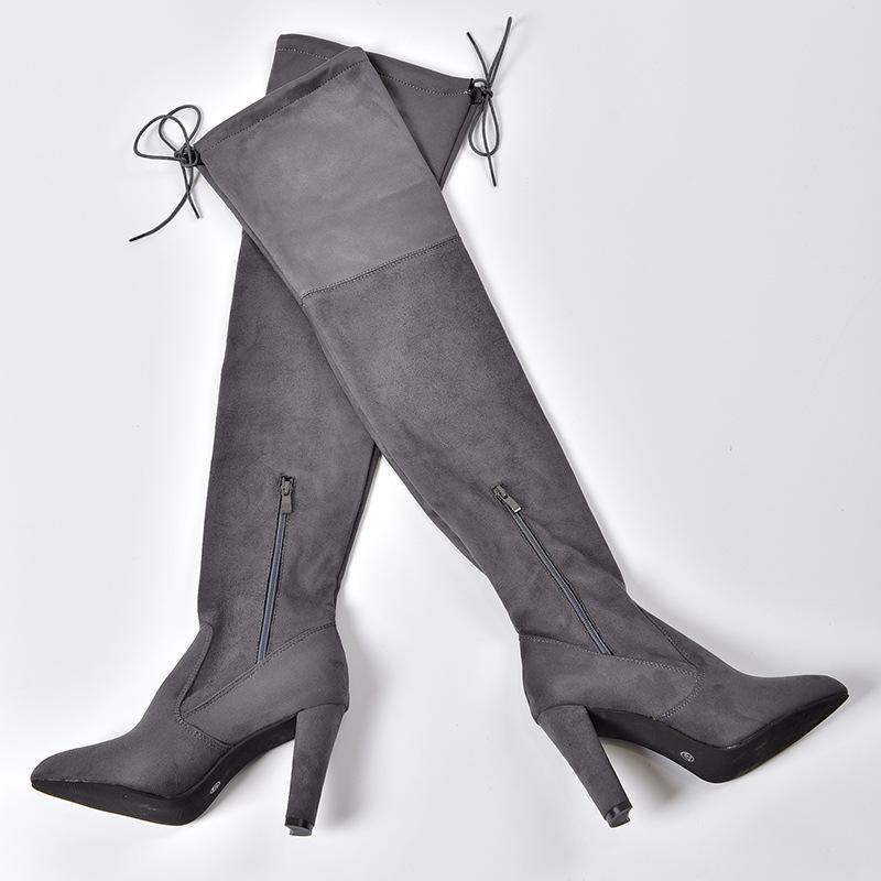 Elastic Zipper Pointed Toe Chunky Suede Over The Knee Boots