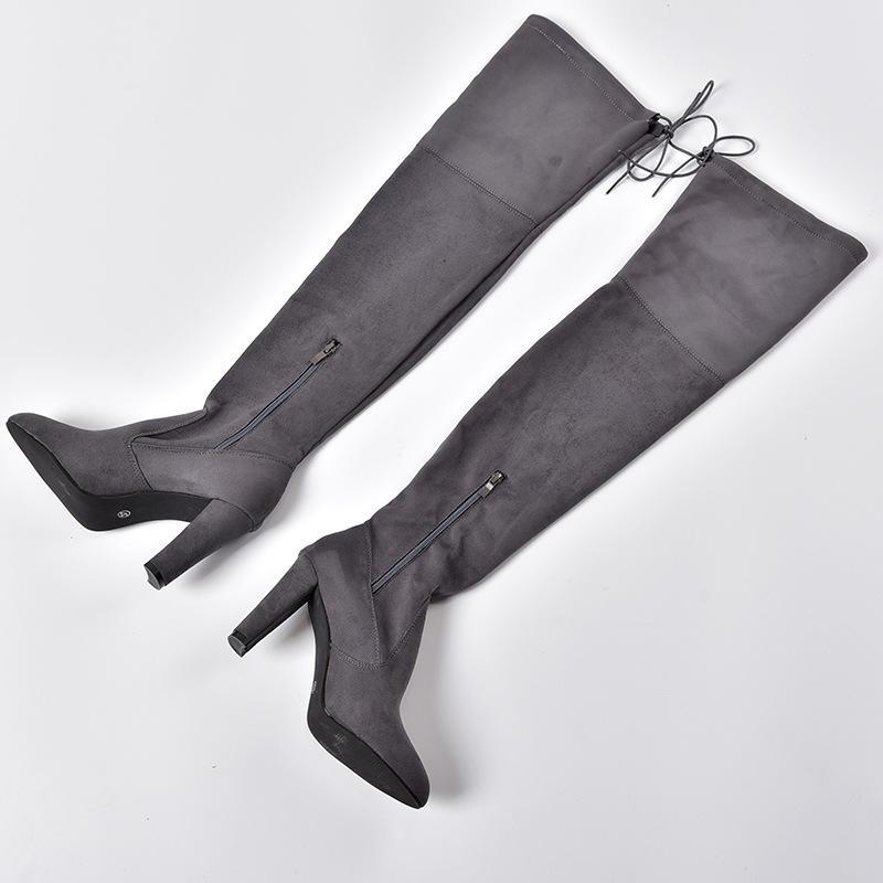 Elastic Zipper Pointed Toe Chunky Suede Over The Knee Boots