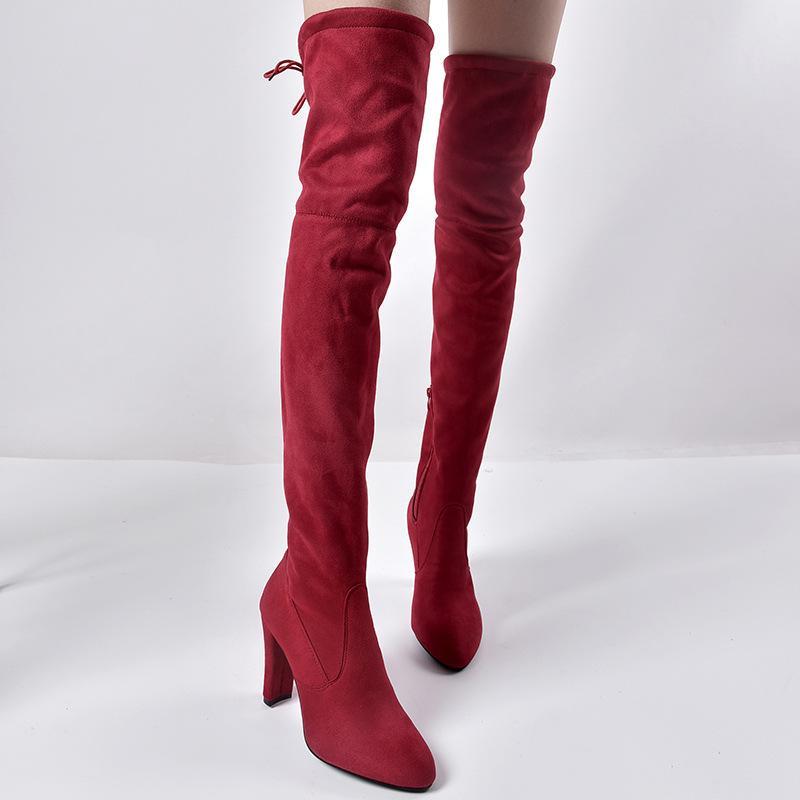 Elastic Zipper Pointed Toe Chunky Suede Over The Knee Boots