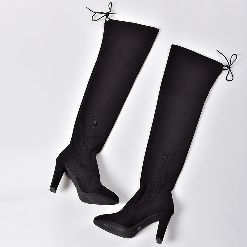 Elastic Zipper Pointed Toe Chunky Suede Over The Knee Boots