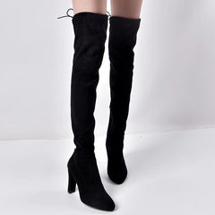 Elastic Zipper Pointed Toe Chunky Suede Over The Knee Boots