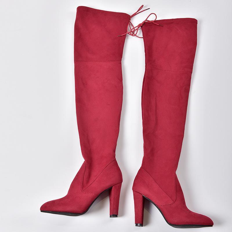 Elastic Zipper Pointed Toe Chunky Suede Over The Knee Boots