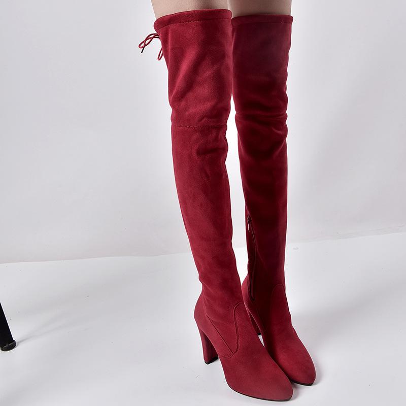 Elastic Zipper Pointed Toe Chunky Suede Over The Knee Boots