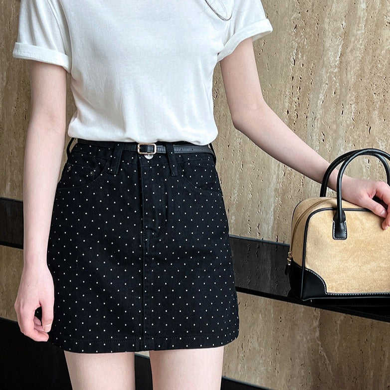 Denim Skirt High Waist Polka Dot Short A-line Skirt for Women