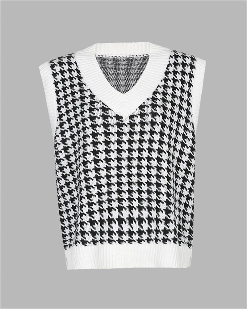 Houndstooth V Neck Sweater Vest